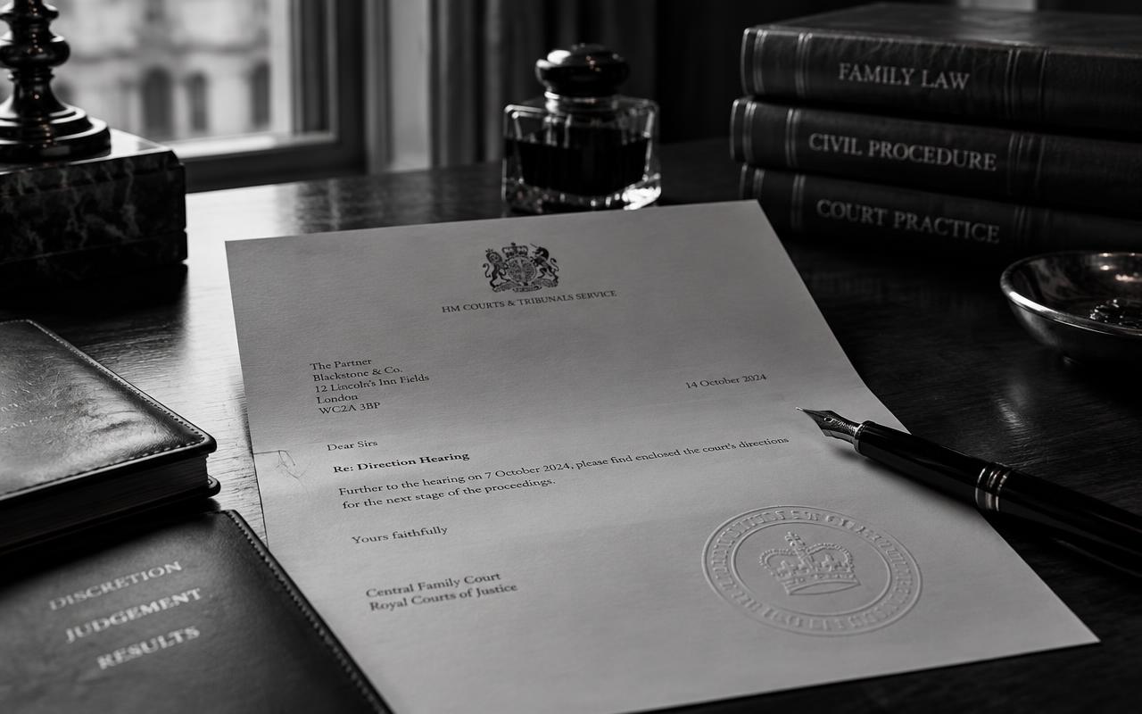 Legal documents and an official court seal on a dark desk, in monochrome