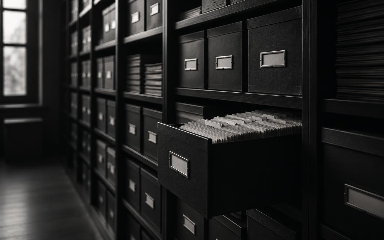 Rows of archive record boxes in a dim records room, in monochrome